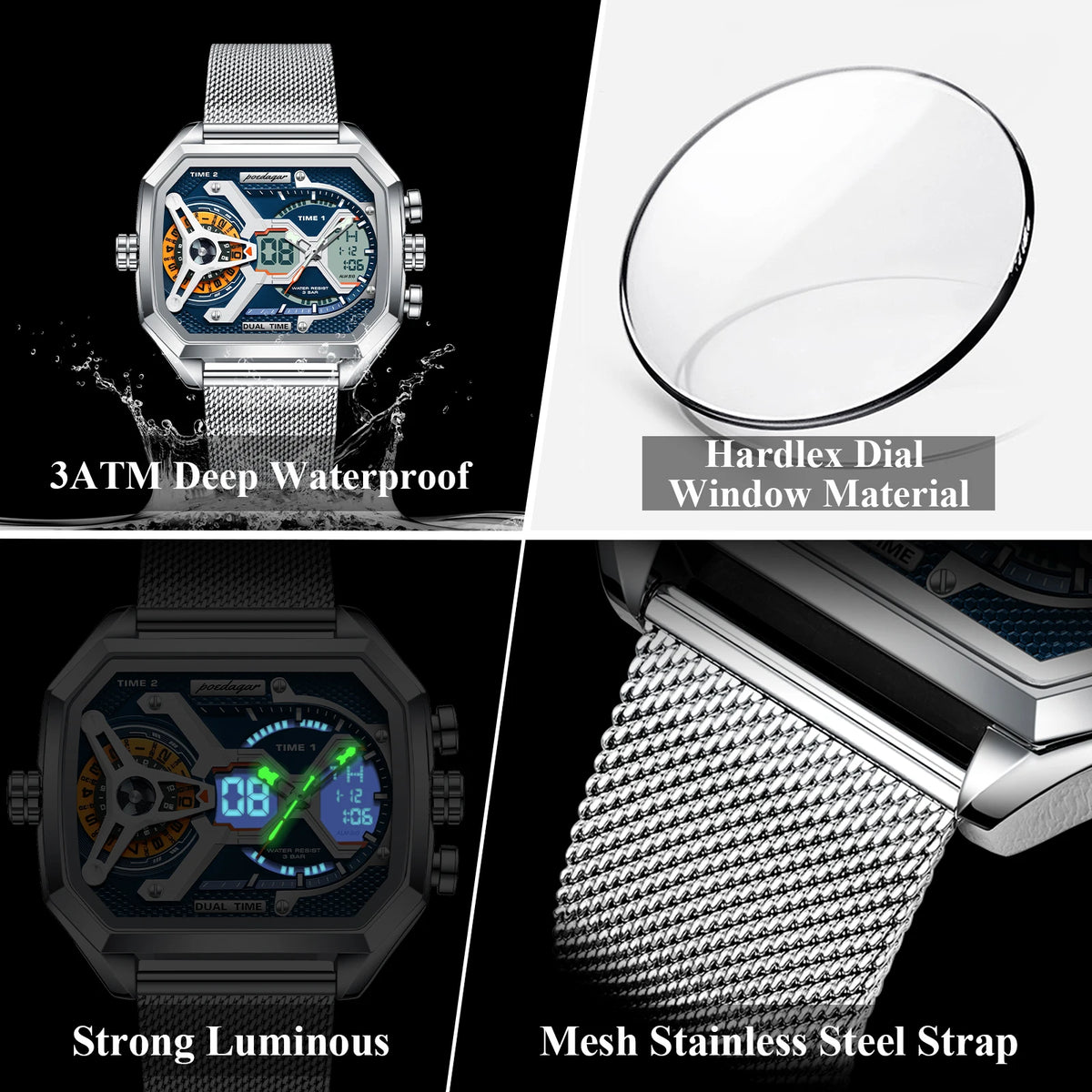 Poedagar Luxury Square Wrist Watch for Men Stainless Steel Mesh Strap Quartz Watches Waterproof Chronograph Mens Watch