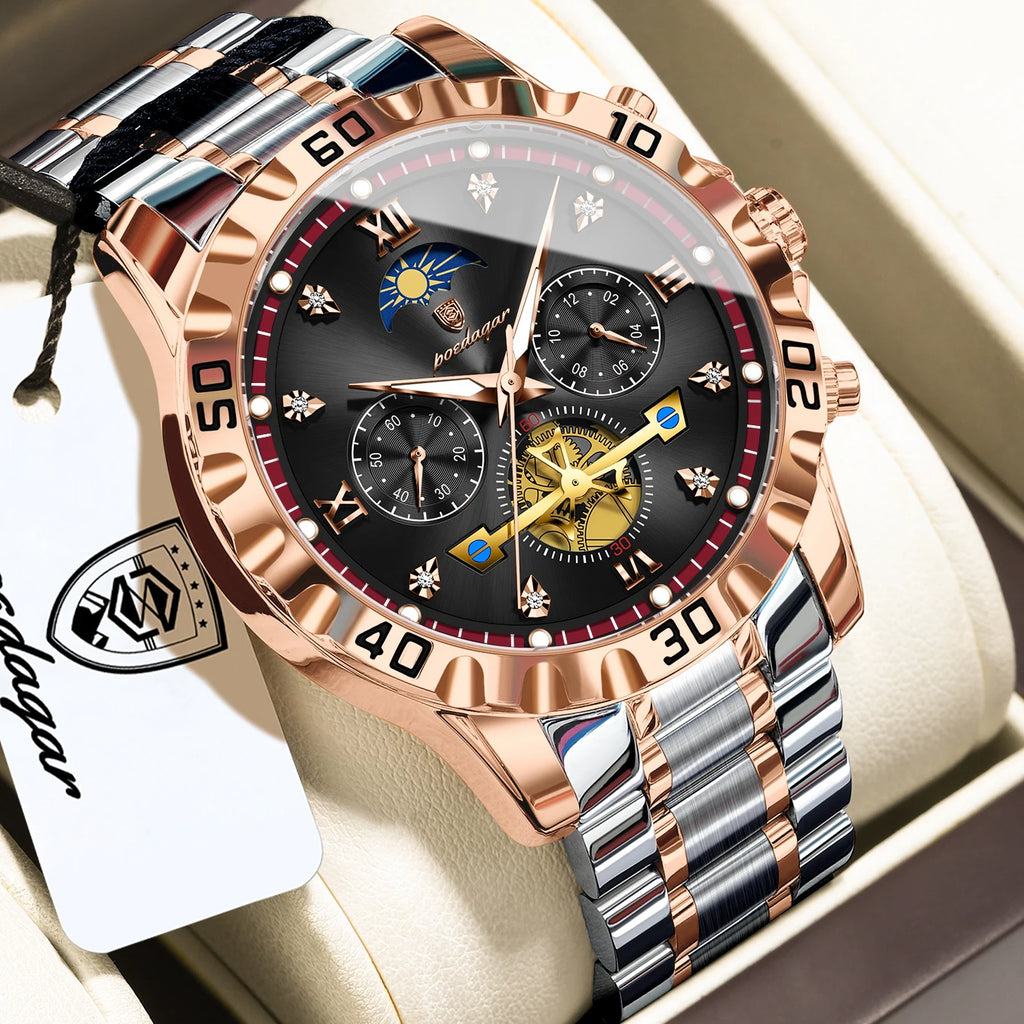 Men's Watch Quartz Poedagar 634 Chronograph Stainless Steel Watch Waterproof Luminous Relogio Wrist Watch for Office Daily Wear