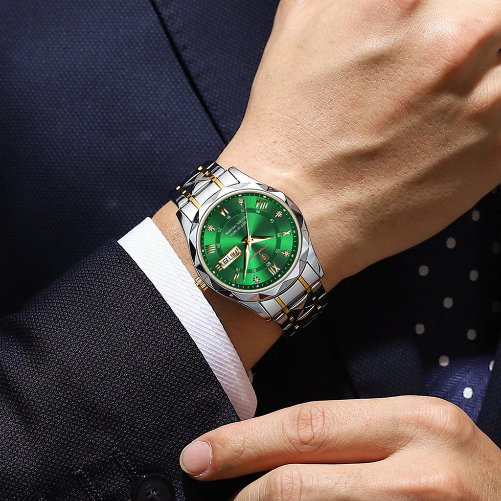 Poedagar 615 Luxury Men's Watches Green Dial Waterproof Luminous Date Week Quartz Watch for Men Stainless Steel Male Reloj