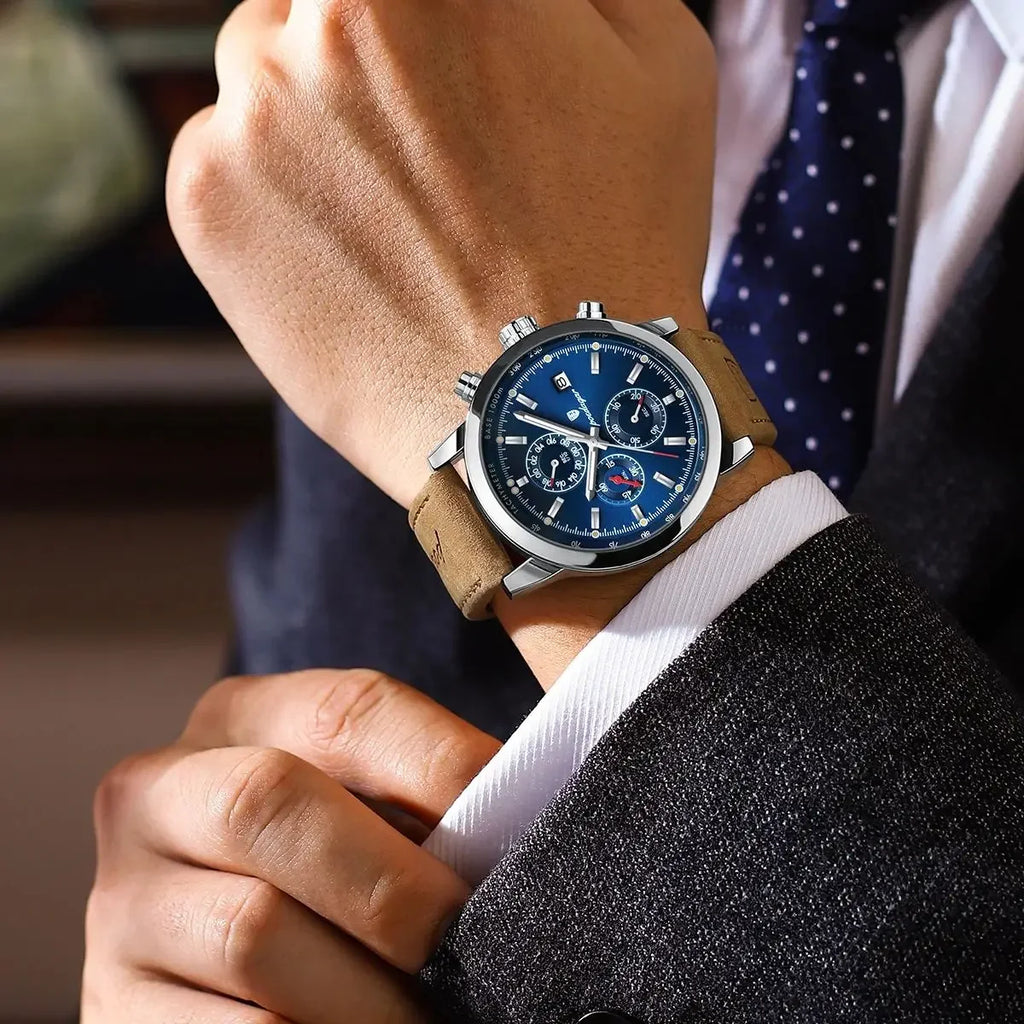POEDAGAR Factory Wholesale Luxury Leather Quartz Watches Waterproof Luminous Wrist Chronograph Watch for Men
