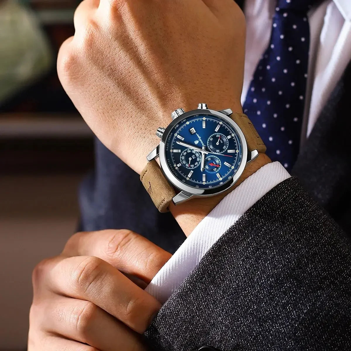 POEDAGAR Factory Wholesale Luxury Leather Quartz Watches Waterproof Luminous Wrist Chronograph Watch for Men