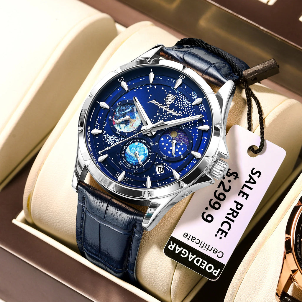 Poedarar New Luxury Fashion Starry Sky Dial Men Quartz Watches Waterproof Luminous Leather Watch for Men