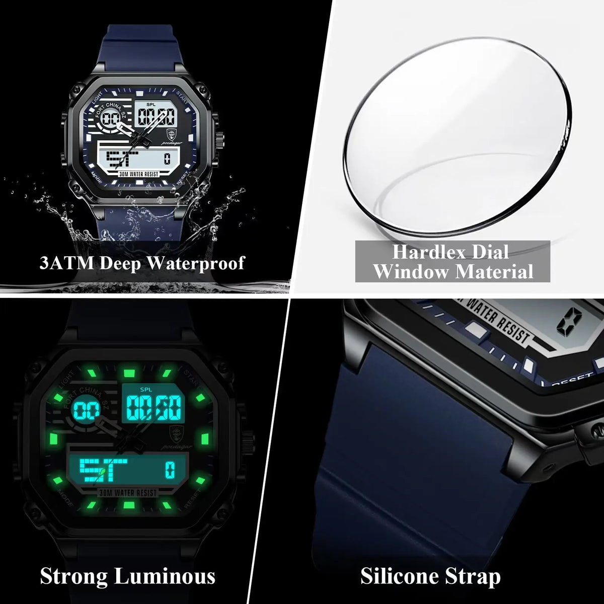 Poedagar 993 Silicone Waterproof Men Digital Quartz Chronograph Relojes LED Dual Time Display Electronic Men's Watch
