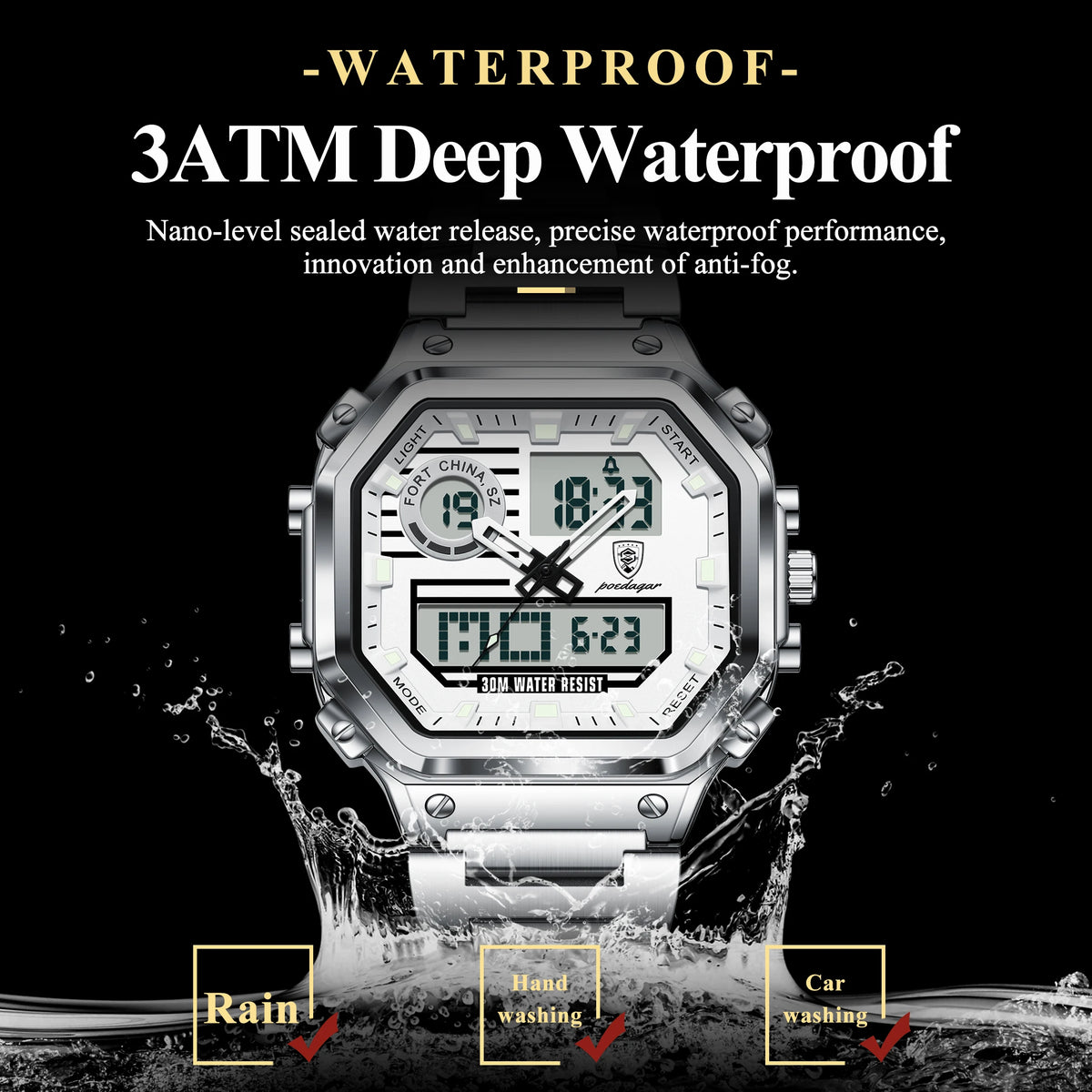 Poedagar 993 Men's Multi-function Watch Dual Display Analog-Digital Quartz Watches LED Night Light Waterproof Watch for Men