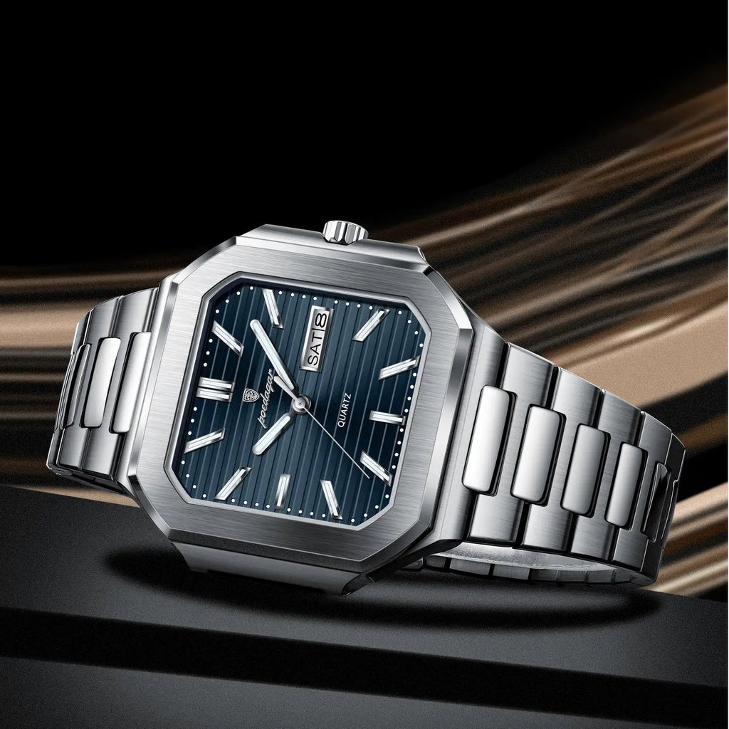 Poedagar 672 New Men's Luxury Stainless Steel Square Quartz Wristwatch Waterproof Luminous Date Display Watch for Men