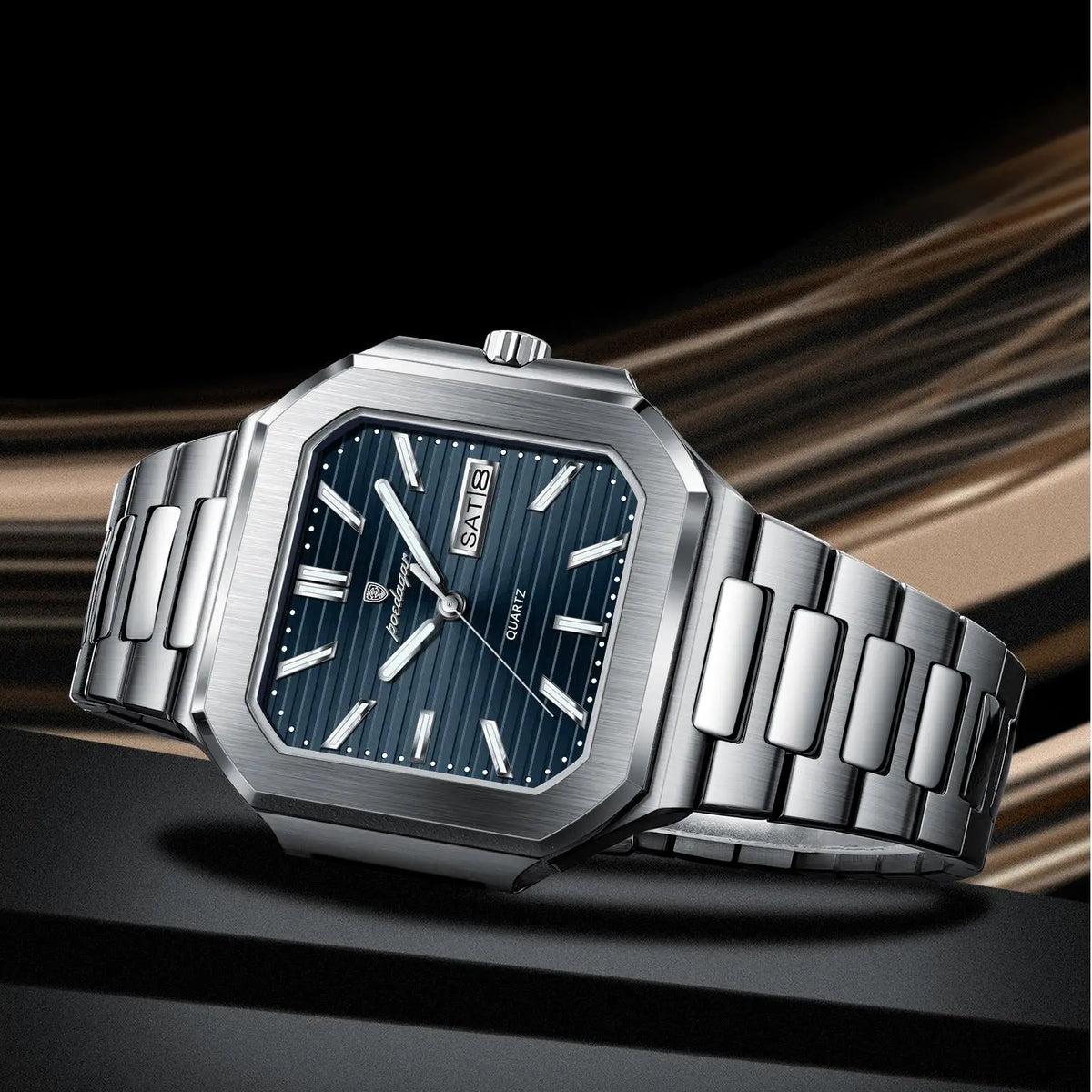 Poedagar 672 New Men's Luxury Stainless Steel Square Quartz Wristwatch Waterproof Luminous Date Display Watch for Men