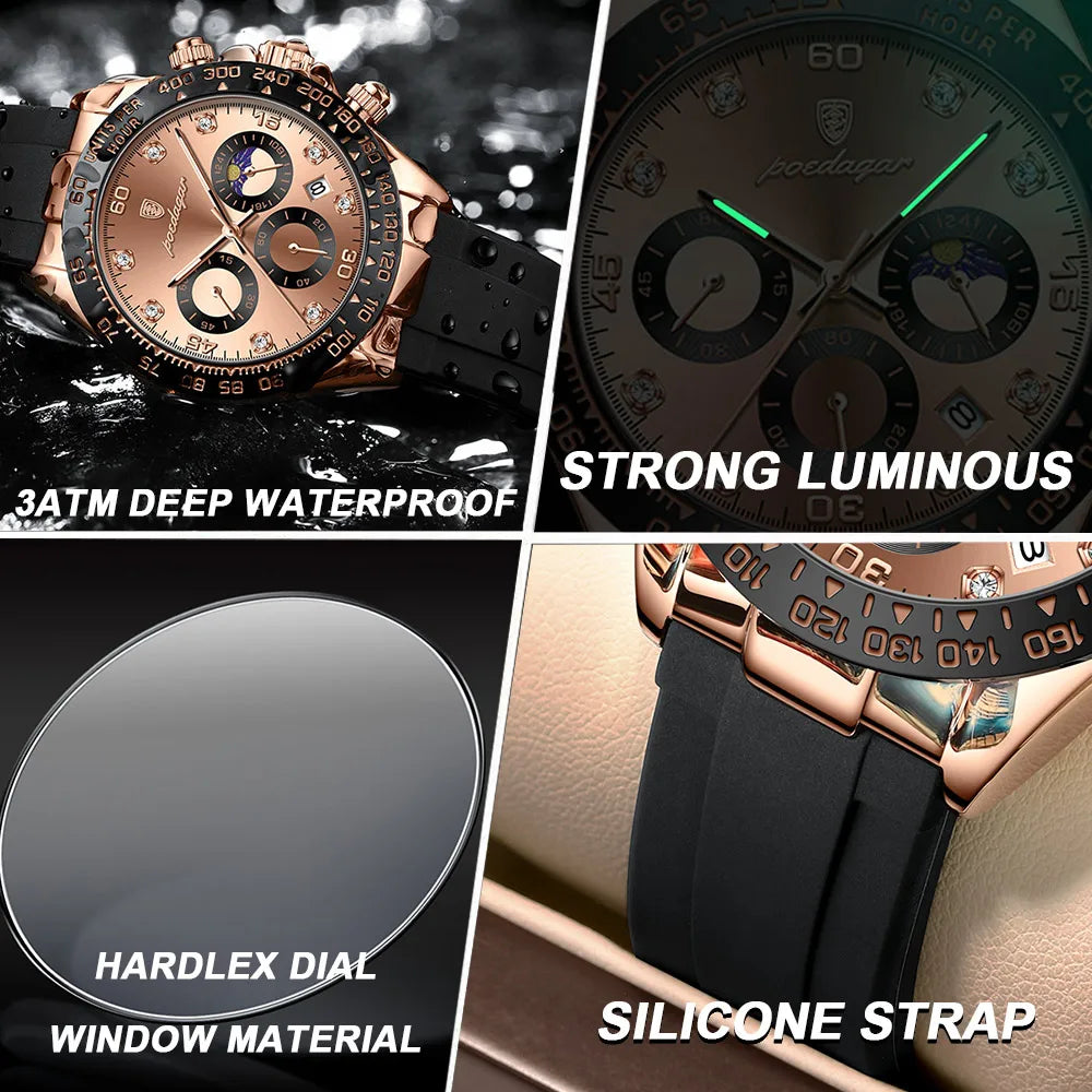 Poedagar 2023 Men Watch Silicone Belt Waterproof Luminous Date Watches Men Wrist Clock Chronograph Quartz Fashion Opp Bag Alloy