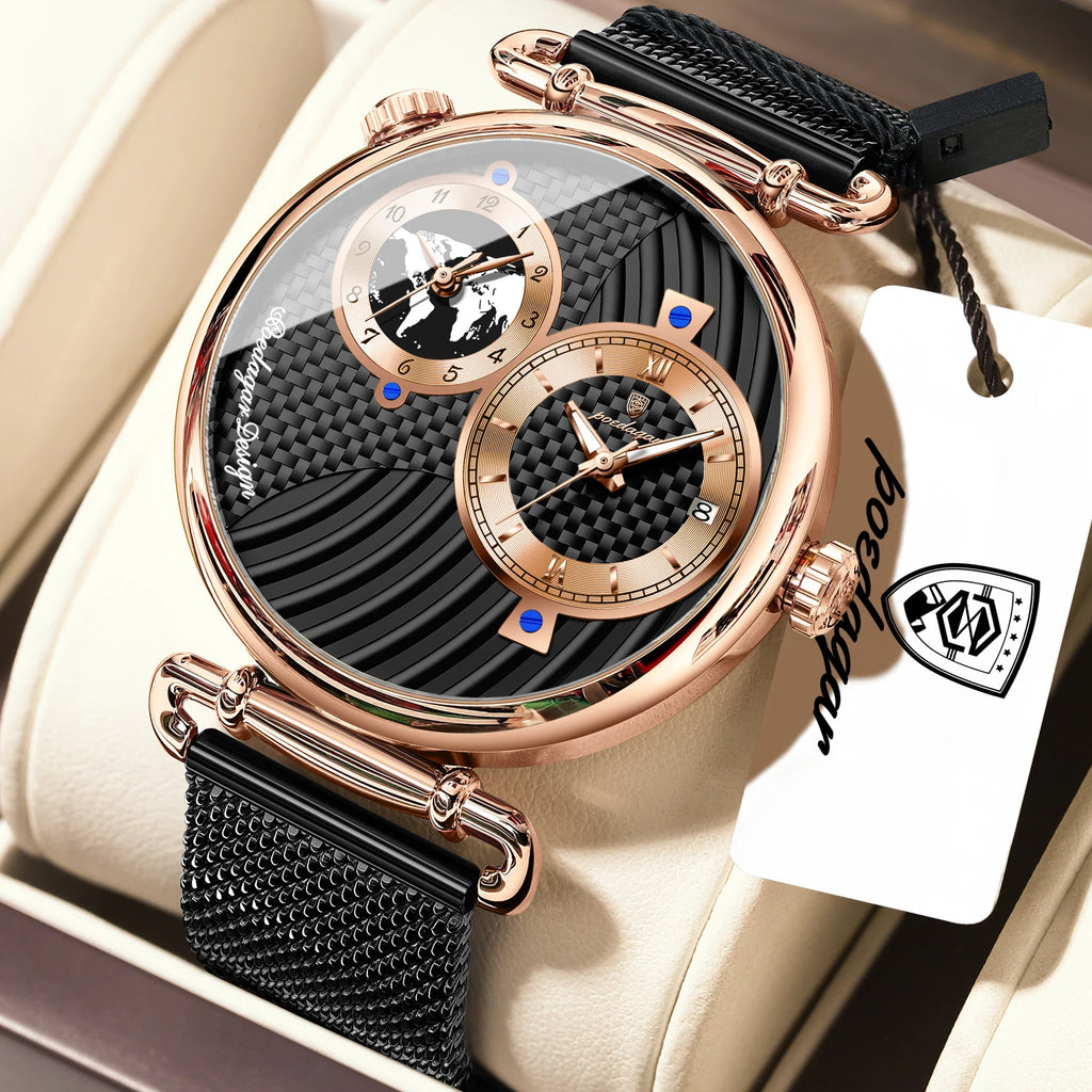 Poedagar 848 Men's Luxury Watch Dual Time Zone Retro Dial Mesh Stainless Steel Luminous Waterproof Formal Business Reloj Hombre