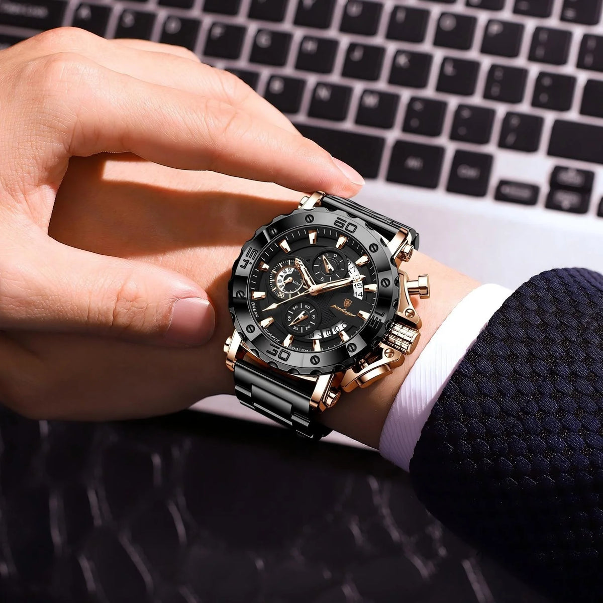 Poedagar Reloj 892 Men Luxury Stainless Steel Bracelet Waterproof Luminous Chronograph Watch