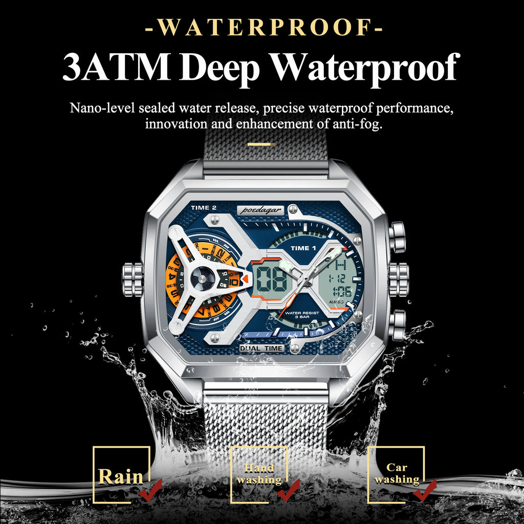 Poedagar Luxury Square Wrist Watch for Men Stainless Steel Mesh Strap Quartz Watches Waterproof Chronograph Mens Watch