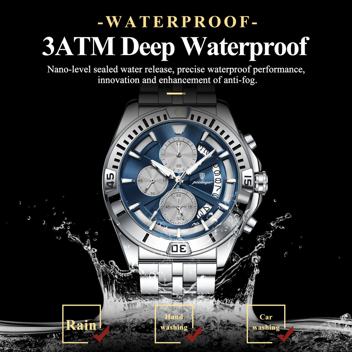 Poedagar 695 Men Quartz Watches Stainless Steel Waterproof Luminous Chronograph Reloj Hombre