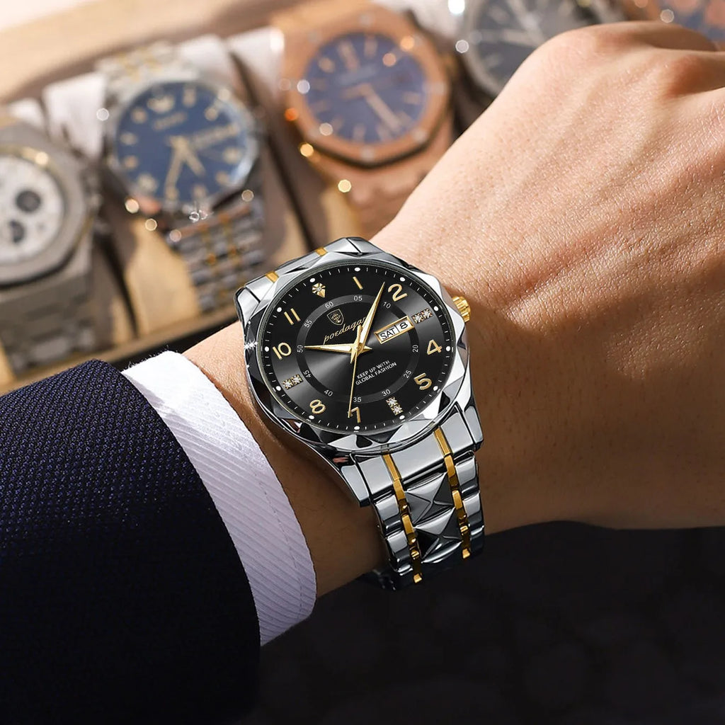 Poedagar 858 Luxury Mens Watch Waterproof Luminous Montre Date Week Moissanite Quartz Watches Stainless Steel Watches for Men