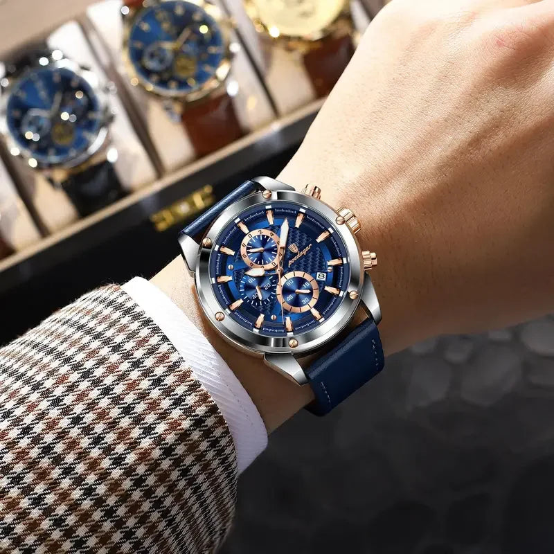 Poedagar 860 Luxury Men's Watch Sports Chronograph Quartz Wristwatch Waterproof Luminous Montre Leather Strap Watches for Men