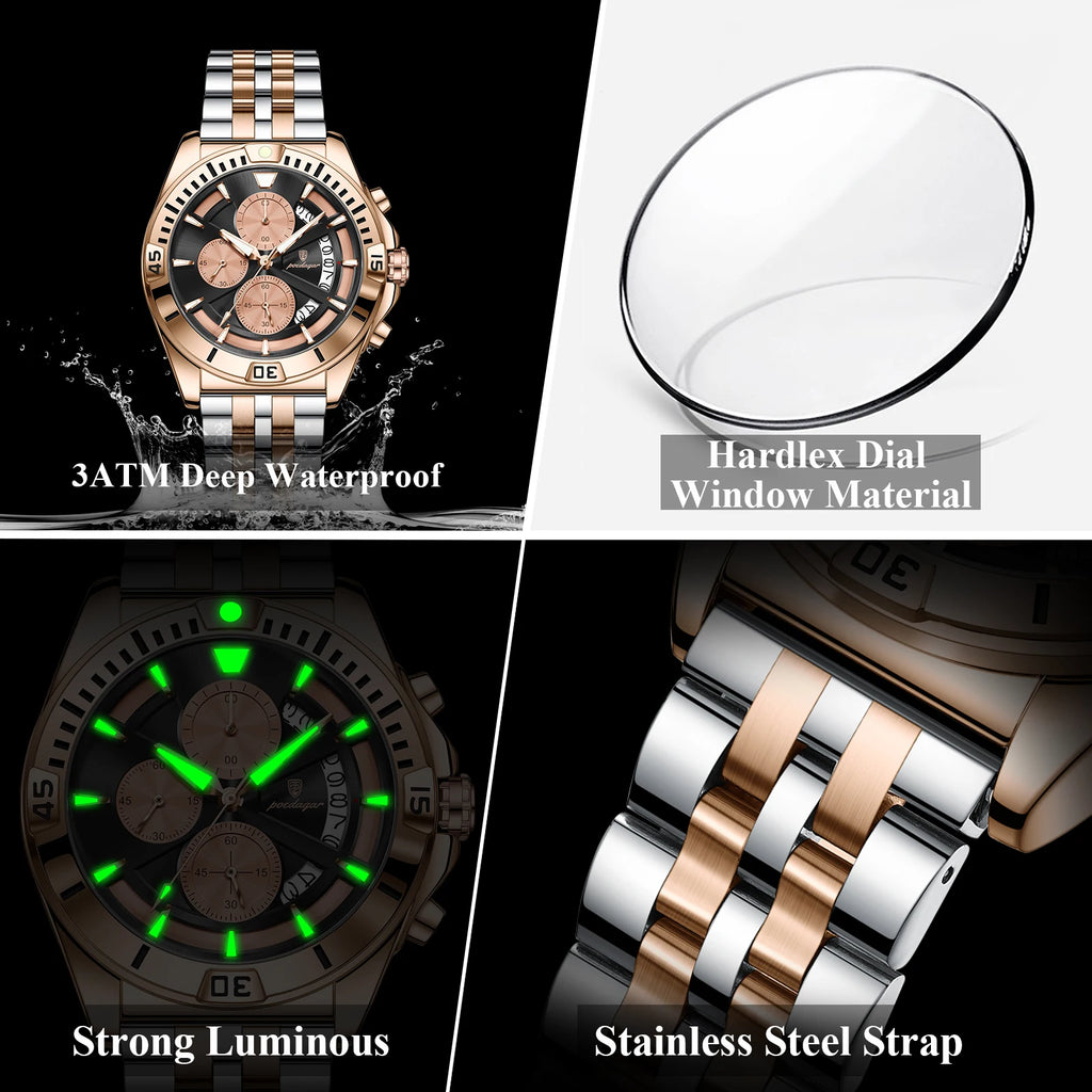 Poedagar 695 Men Dress Quartz Watches Stainless Steel Hollow Dial Daily Wear Outdoor Casual Luminous Chronograph Herrenuhr