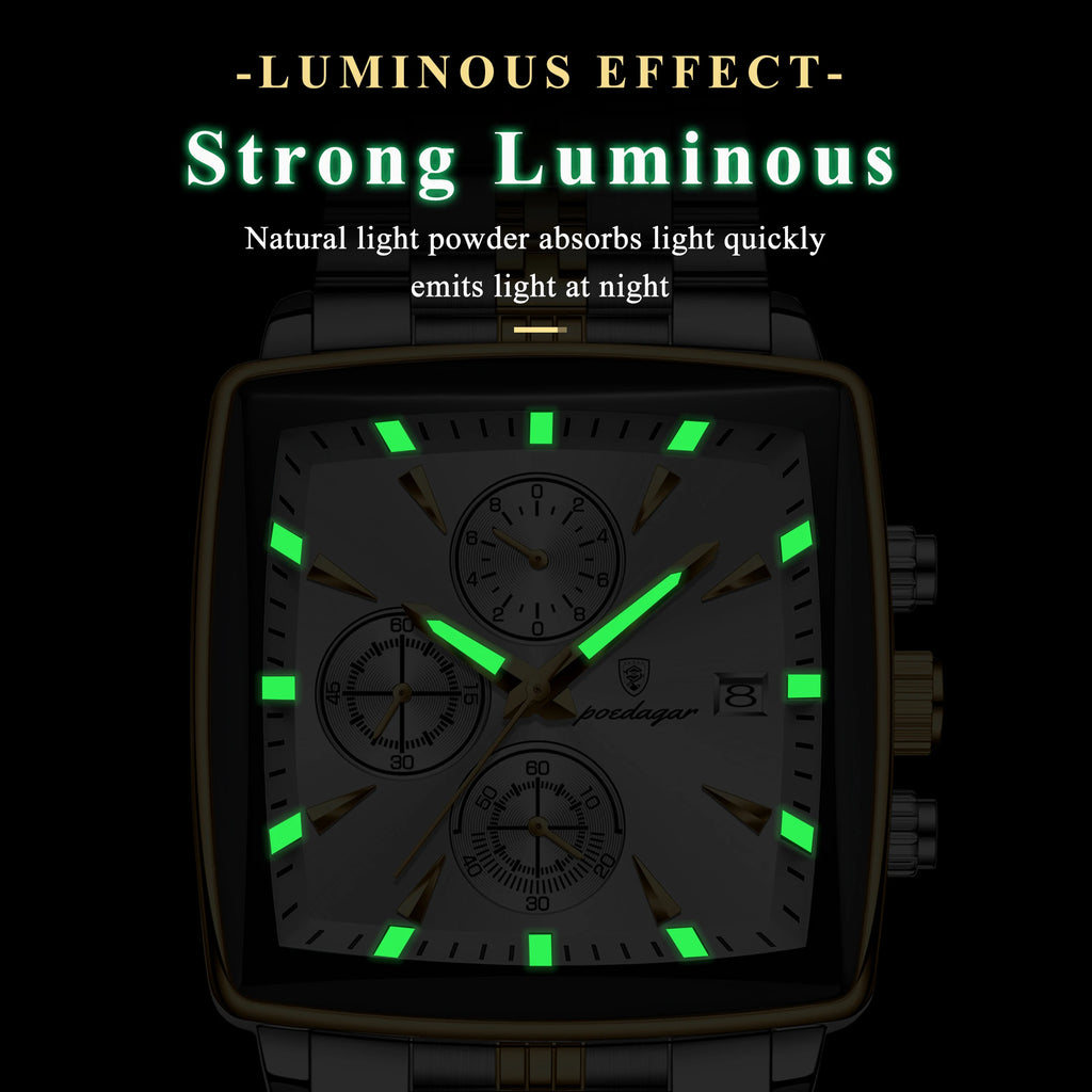 Poedagar New Fashion Square Stainless Steel Men's Watches Waterproof Luminous Chronograph Quartz Watch for Men