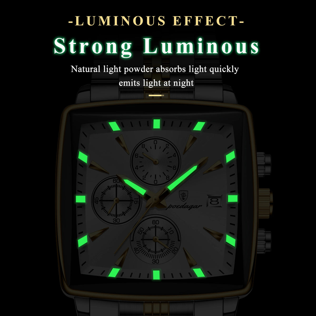 Poedagar New Fashion Square Stainless Steel Men's Watches Waterproof Luminous Chronograph Quartz Watch for Men
