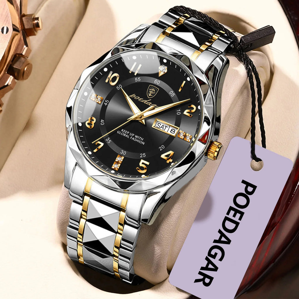 Poedagar 858 Luxury Mens Watch Waterproof Luminous Montre Date Week Moissanite Quartz Watches Stainless Steel Watches for Men