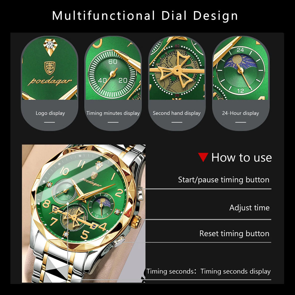 Poedagar 972 Luxury Men's Quartz Watches High Quality Montre Homme Stainless Steel Waterproof Wristwatch Luminous Watch for Men