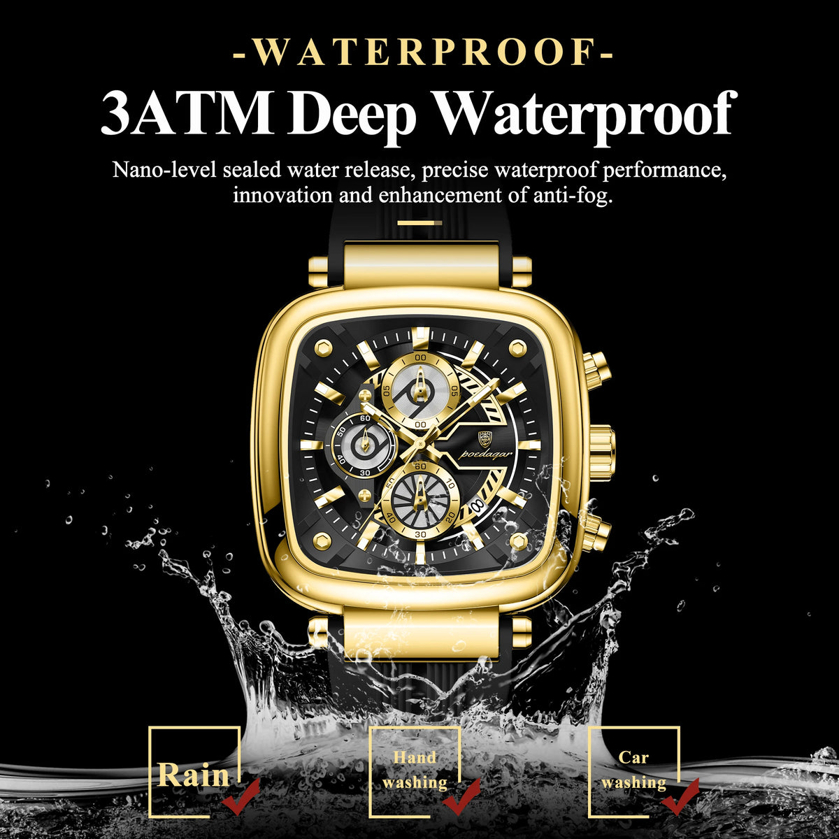 Poedagar 849 Luxury Mens Watch Square Case 3-Eye Chronograph Quartz Wristwatch Silicone Strap Luminous Waterproof Watch Montre