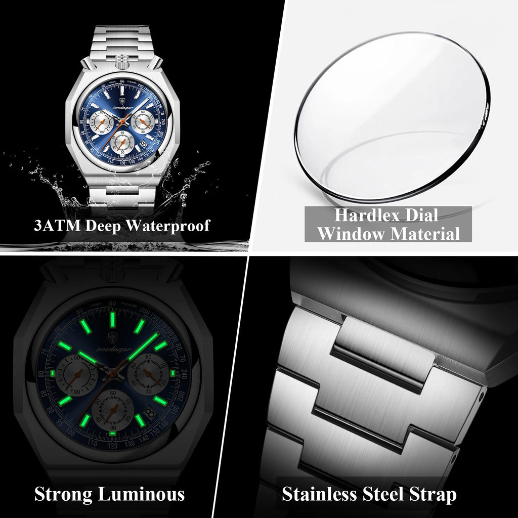 Poedagar 897 Mens Quartz Watches Luxury Business Watch Reloj Waterproof Luminous Chronograph Stainless Steel Wristwatch for Men