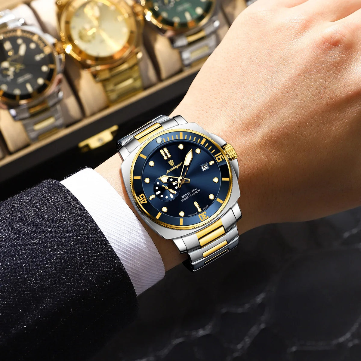 Poedagar 873 Two Tone Men Luxury Cushion Case Sport Watch Moon Phase Luminous Steel Waterproof Factory Wholesale Reloj Hombre