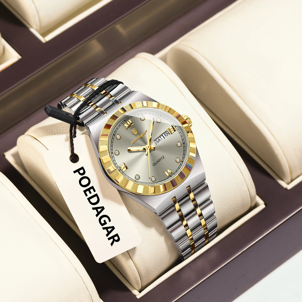 Poedagar Female Luxury Original Luminous Waterproof Week Date Wristwatch Stainless Steel Women Quartz Ladies Watch