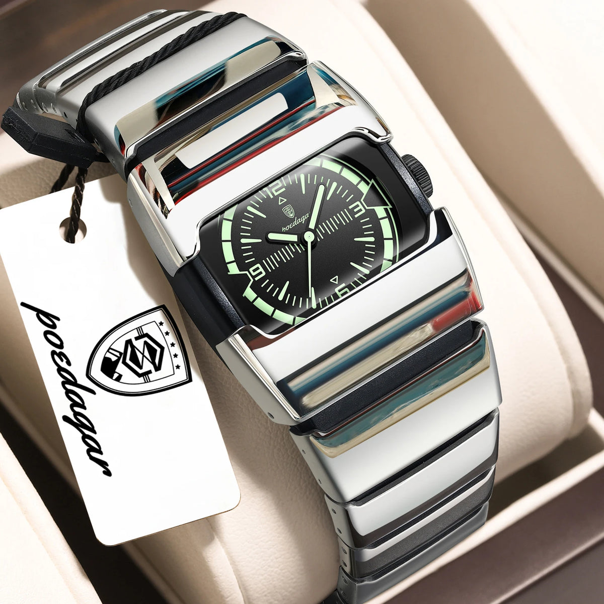 Poedagar 846 Luxury Men Square Quartz Watch Stainless Steel Strap Hardlex Glass 3ATM Waterproof Luminous Wrist Watch Wholesale