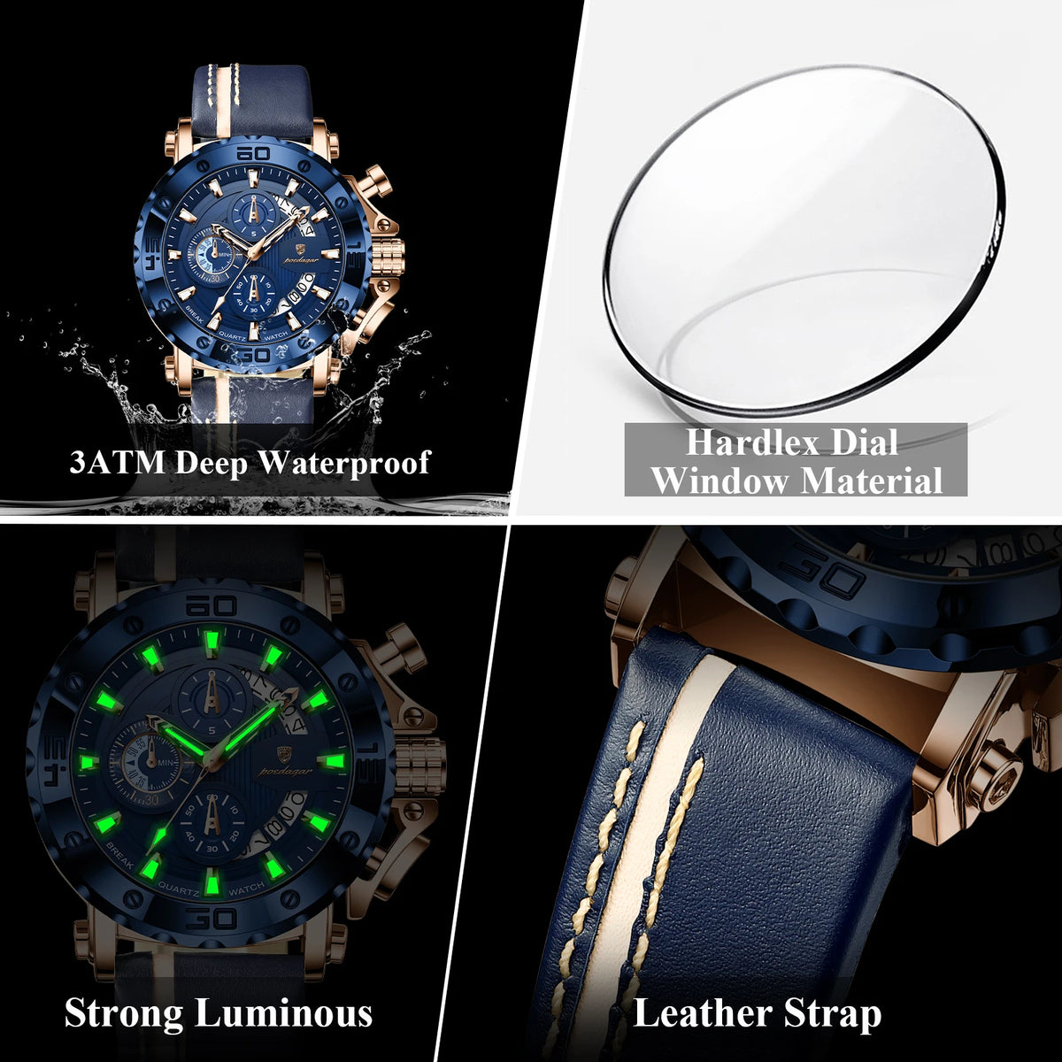Poedagar 892 Luxury Chronograph Leather Men's Quartz Watches Reloj Luminous Waterproof Watch for Men