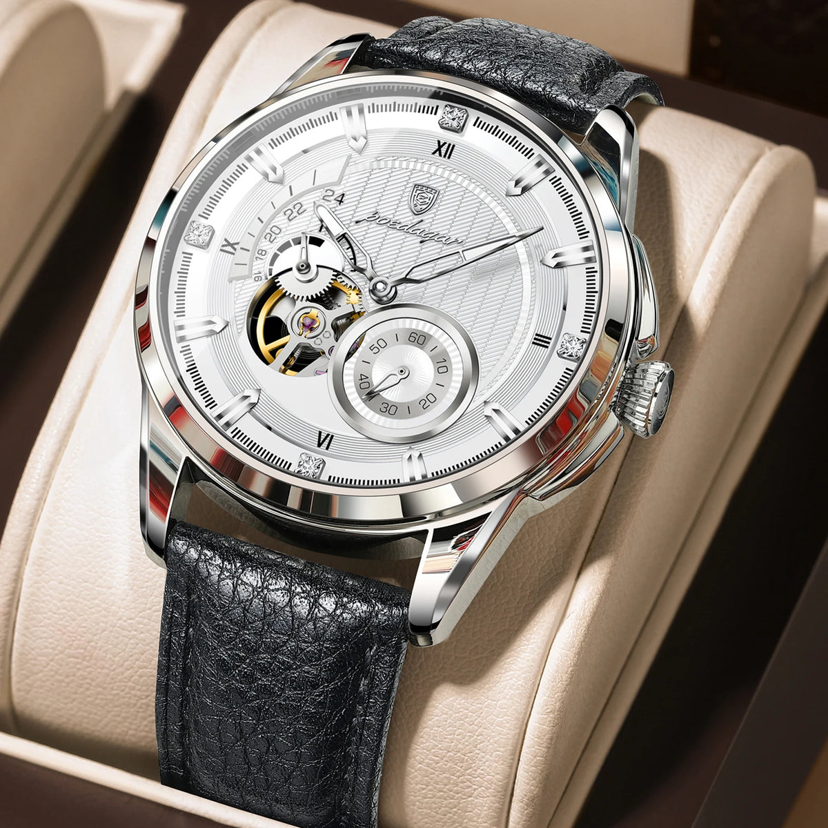 Poedagar 1427 Men Automatic Mechanical Watch Leather Band Luminous 3ATM Daily Waterproof Wristwatch