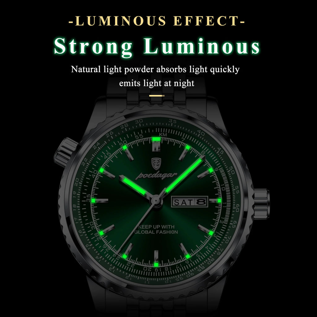 Poedagar 673 Luxury Business Solid Stainless Steel Strap Quartz Watch Waterproof Luminous Double Calendar Watch for Men