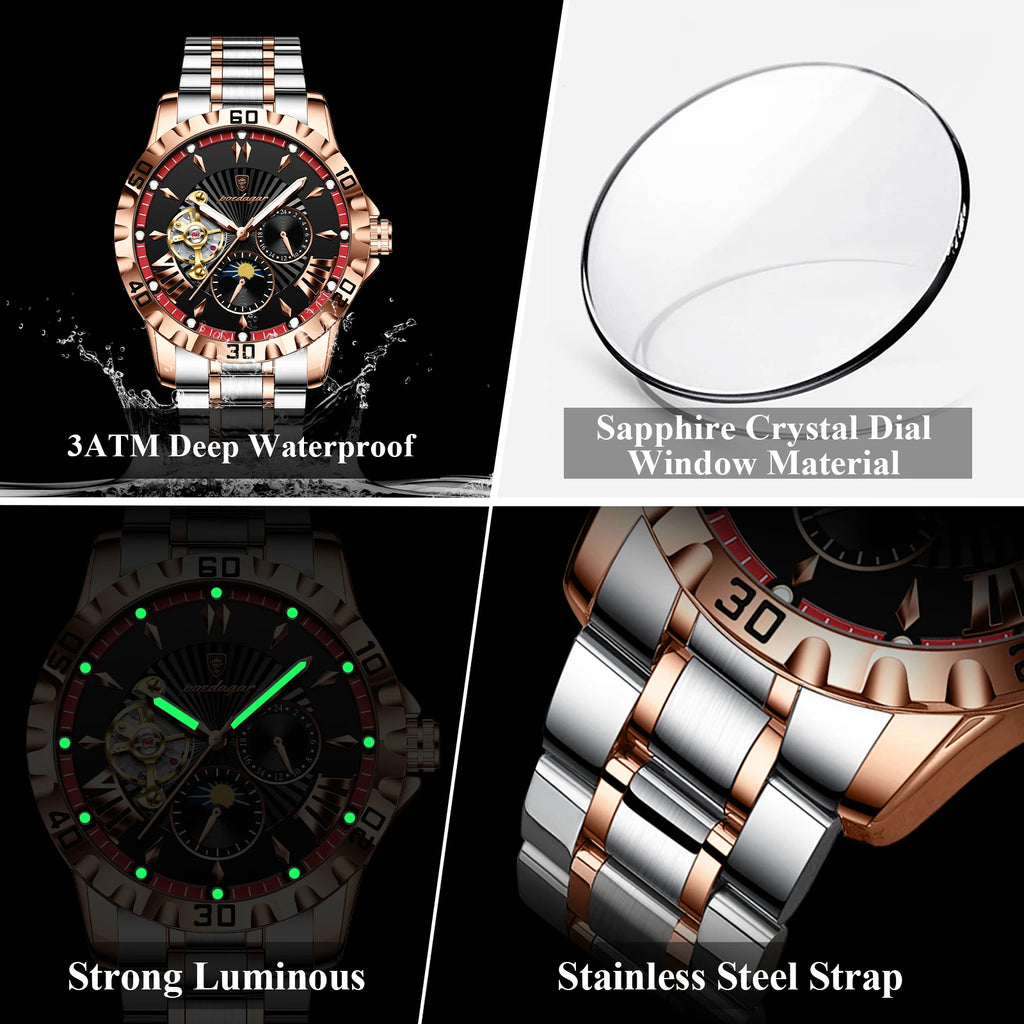 Poedagar 1415 Original Stainless Steel Band Men Montre 3 ATM Waterproof Automatic Mechanical Watch for Men