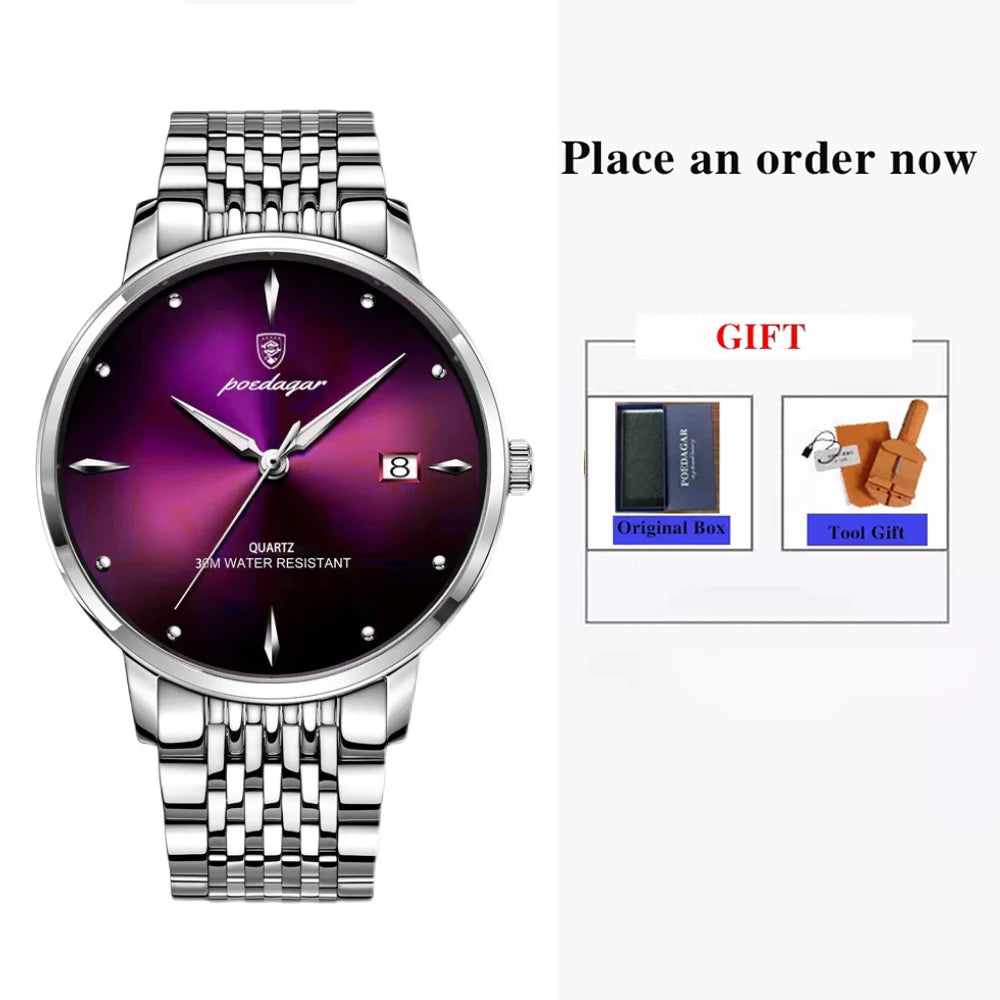 Poedagar 868 Luxury Stainless Steel Watch Bands Luminous High Quality Waterproof Quartz Watches for Men