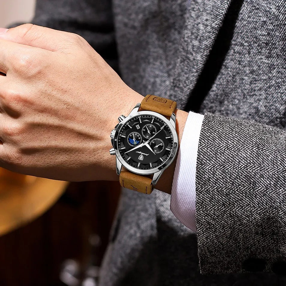 Ready to Ship POEDAGAR 928 Men Watch Luxury Moon Phase Chronograph Leather Strap Luminous Waterproof Watch for Men Montre Homme