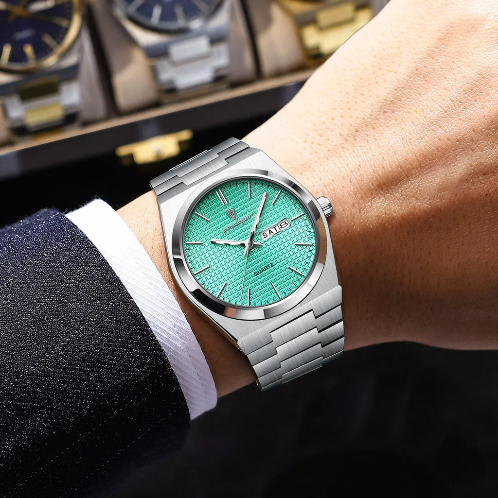 Poedagar 821 Luxury Men Watch Grid Dial Date Day Quartz Watches Stainless Steel Reloj Hombre Waterproof Luminous Watch for Men