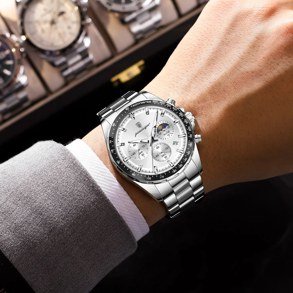 Poedagar 879 Men's Chronograph Watch Luxury Original Waterproof Luminous Quartz Stainless Steel Watches for Men Montre Homme
