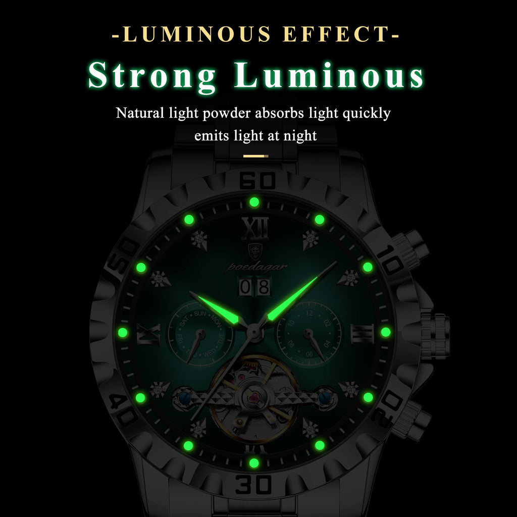 Poedagar 1418 Luxury Men's Mechanical Watch Date Waterproof Wristwatch Hollow Luminous Stainless Steel Automatic Watch for Men