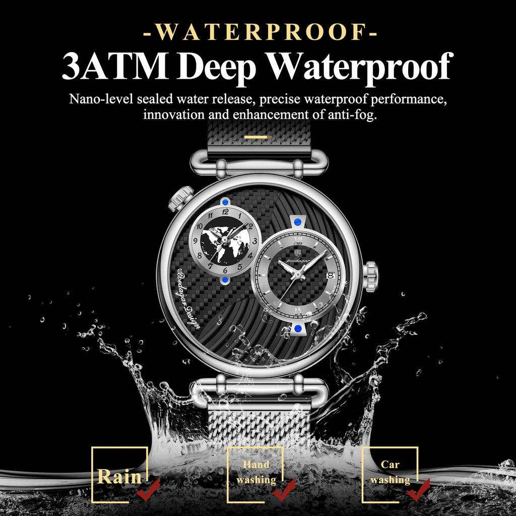 Poedagar 848 Men's Luxuryl Quartz Watch Dual Time Zone Mesh Stainless Steel Luminous Waterproof Fashion Business Herrenuhr