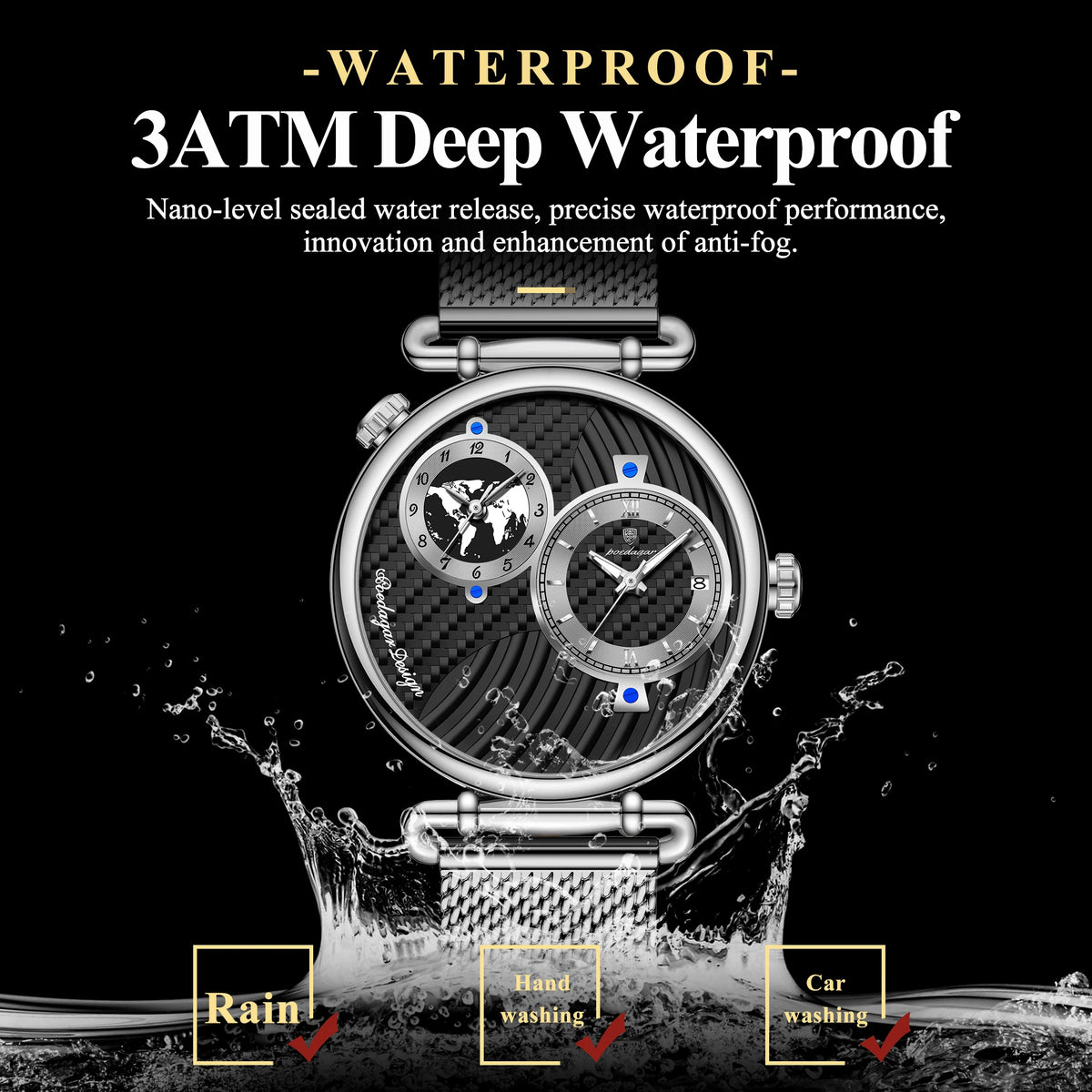 Poedagar 848 Men's Luxuryl Quartz Watch Dual Time Zone Mesh Stainless Steel Luminous Waterproof Fashion Business Herrenuhr