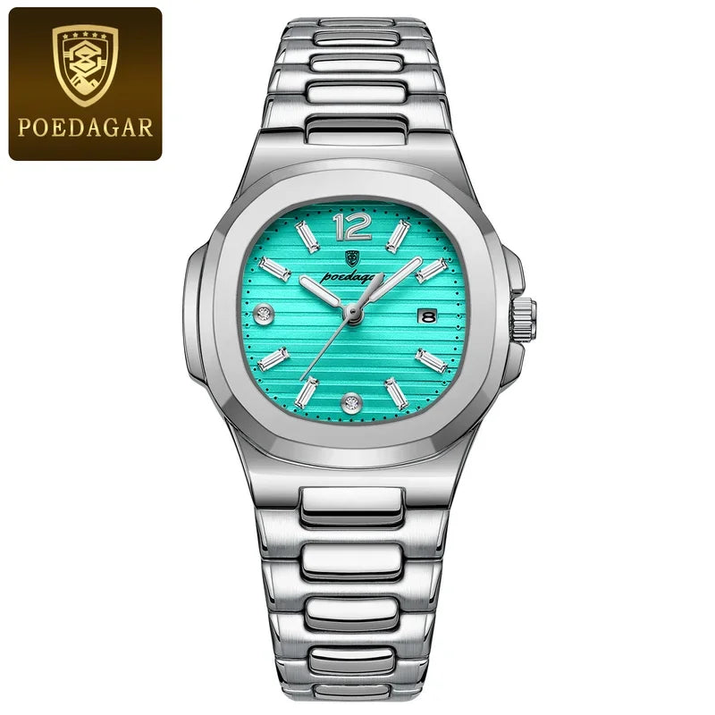 Poedagar Factory Wholesale Montre Female Square Stainless Steel Ladies Quartz Watches Waterproof Luminous Date Watch for Women