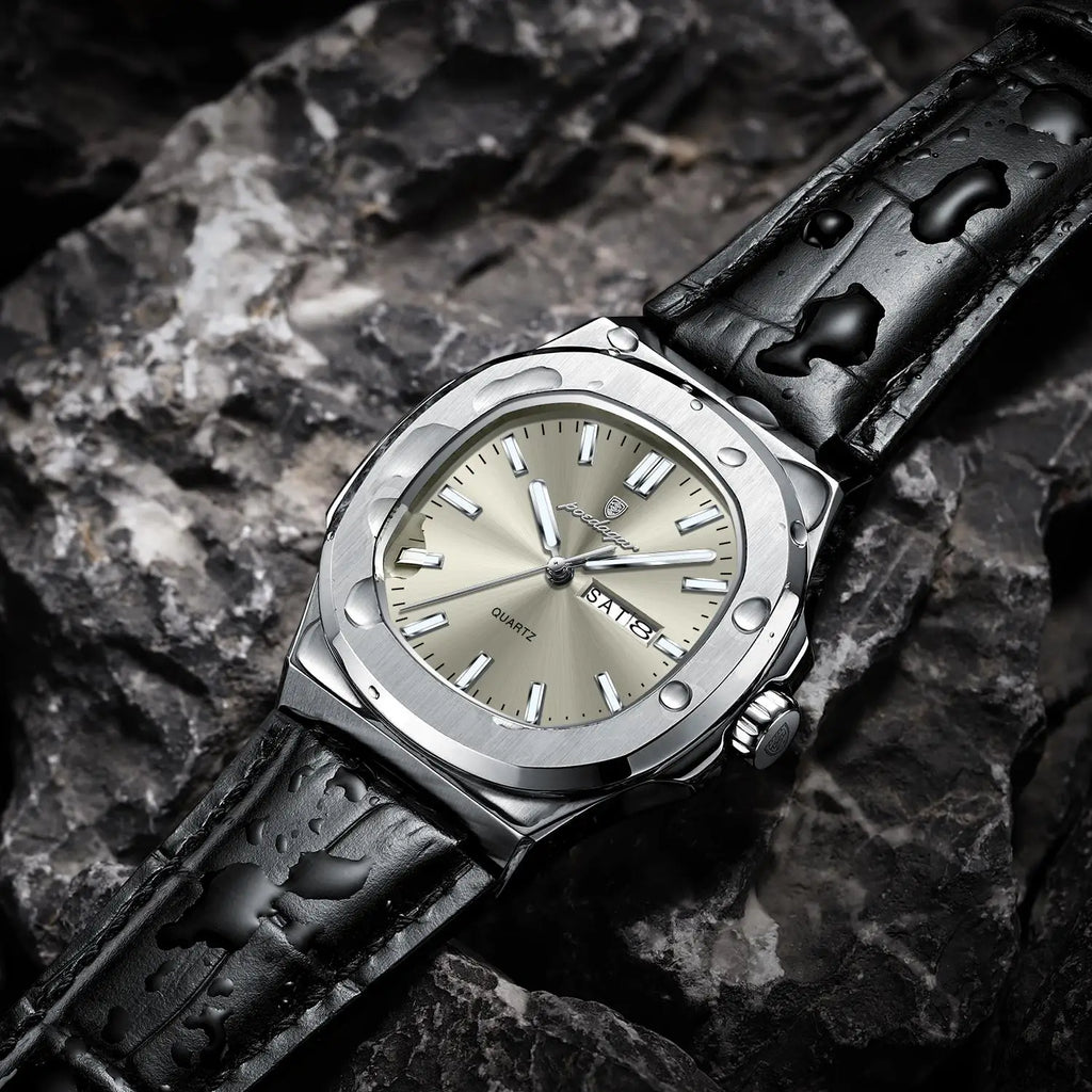 Poedagar 853 Luxury Leather Square Mens Watch Waterproof Luminous Quartz Watches Date Week Calendar Watch for Men