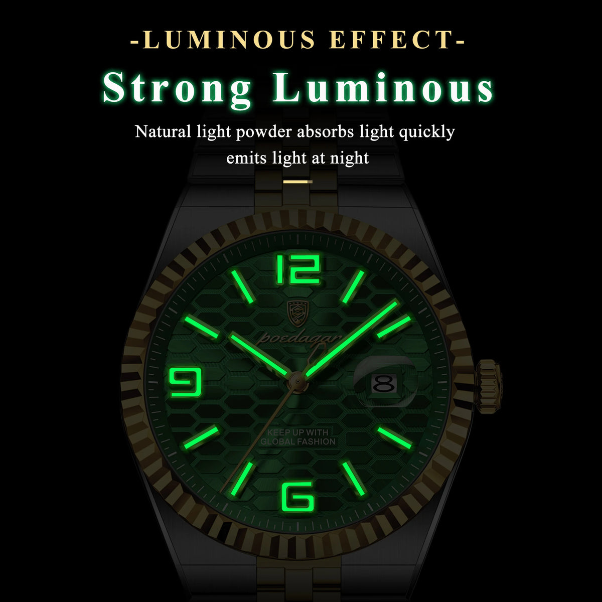 Poedagar 839 Men's Luxury Business Watch Fluted Bezel 2-Tone Green Honeycomb Dial Quartz Luminous Date 3ATM Waterproof Wholesale