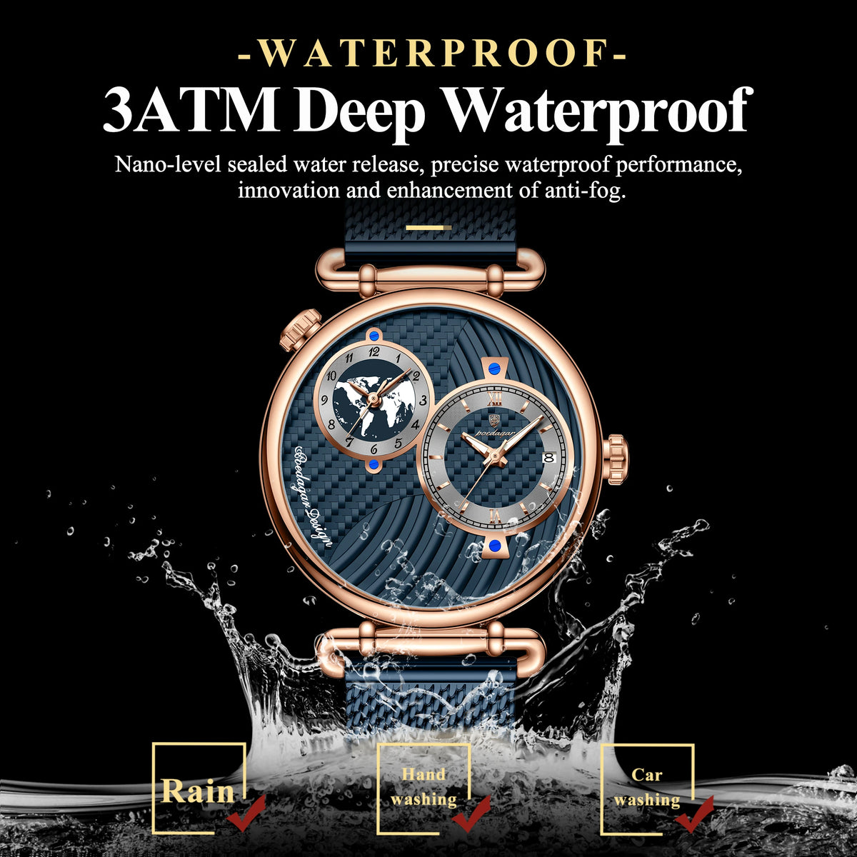 POEDAGAR 848 Quartz Watch Men Mesh Stainless Steel Strap Luminous 3ATM Waterproof Business Wristwatch