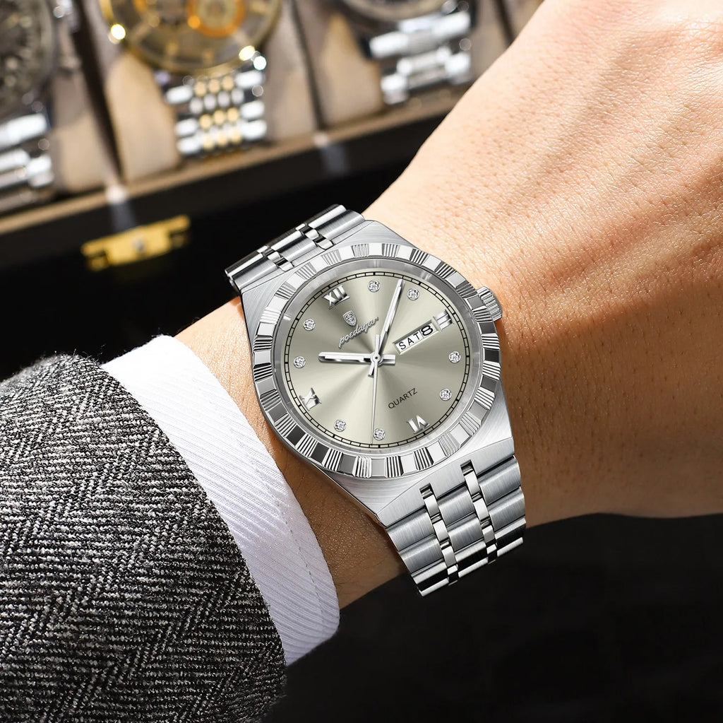 Poedagar 872 Luxury Men's Quartz Watches Business Week Date Waterproof Luminous Reloj Stainless Steel Casual Wristwatch for Men