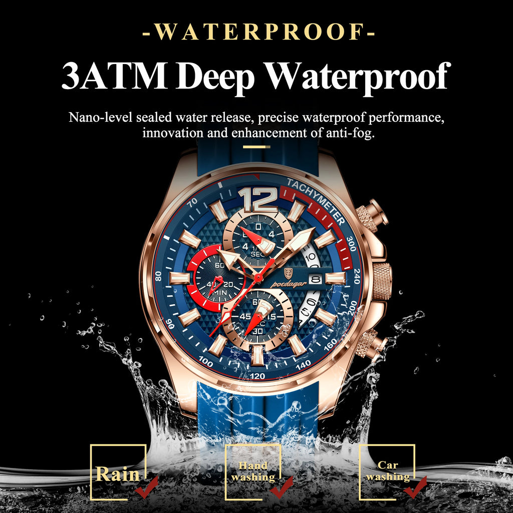 Poedagar New Arrival Men Fashion Quartz Chronograph Wristwatch Sports Silicone Band Luminous Waterproof Watch for Men