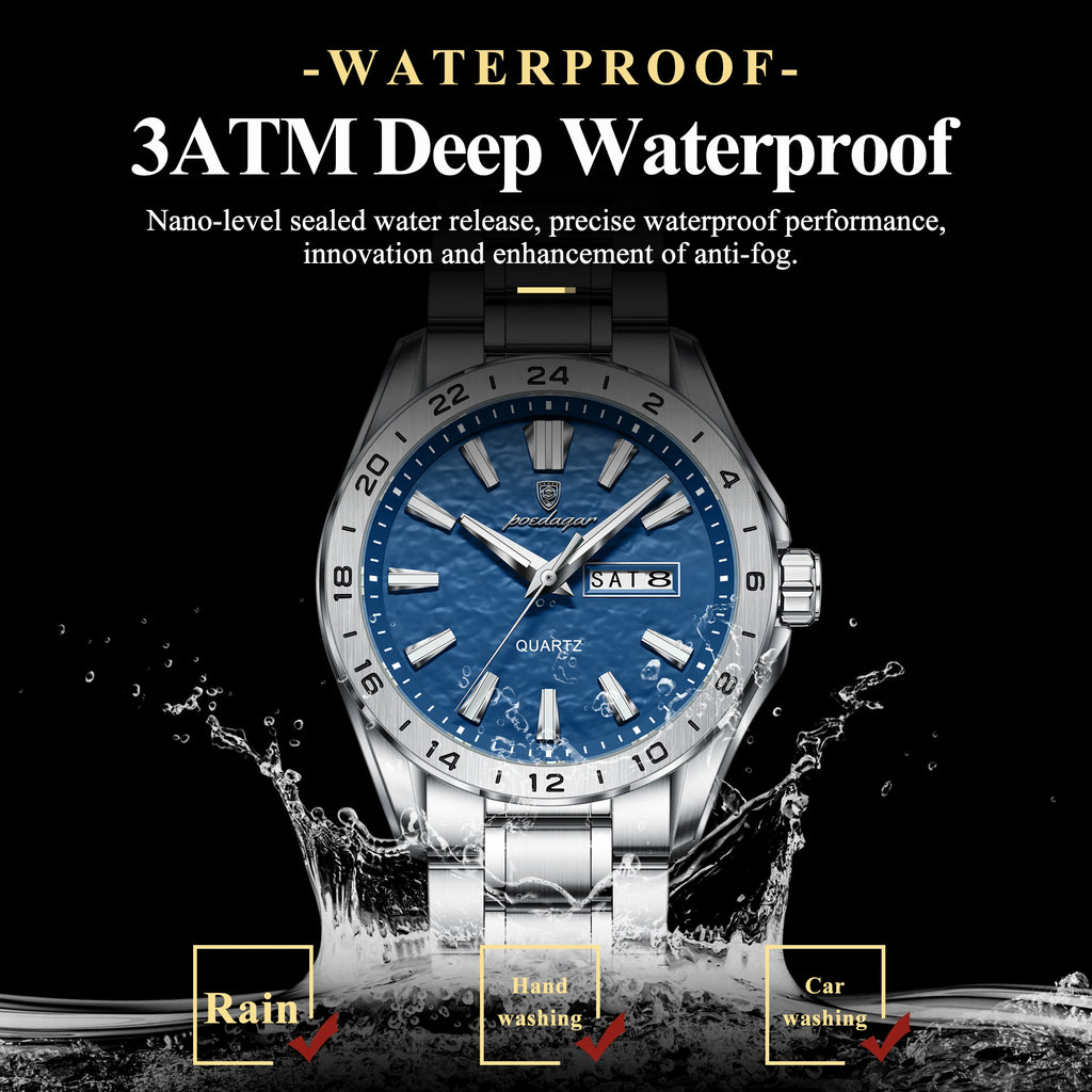 Poedagar 683 Dual Calendar Waterproof Luminous Watch for Men Business Round Dial Stainless Steel Strap Men's Quartz Watch