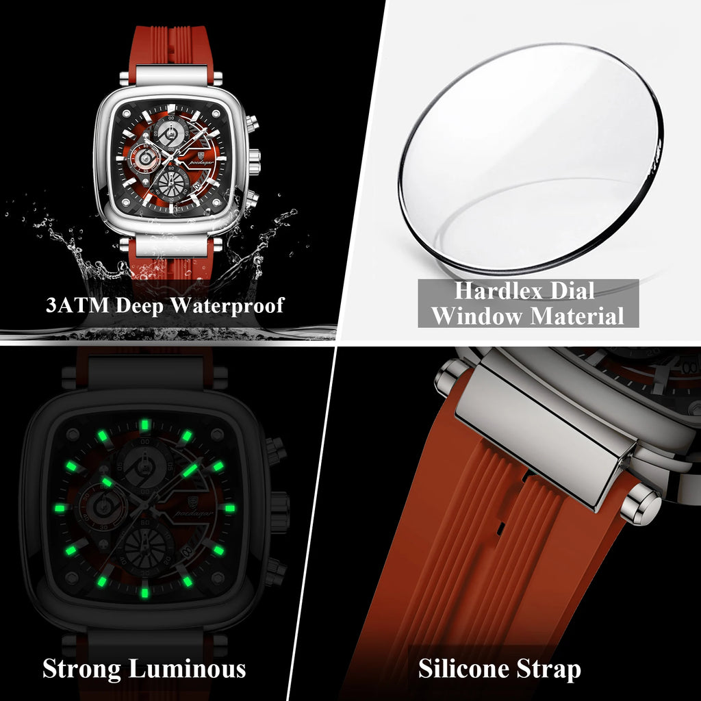 Poedagar 849 Montre Homme Luxe Black Gold Square Dial Waterproof Sport Quartz Watch Silicone Strap