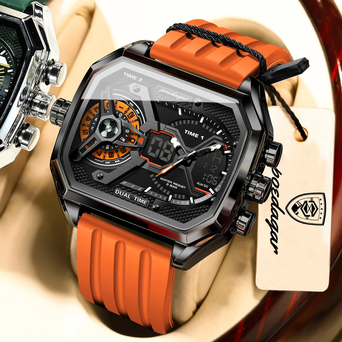 Poedagar E106 Mens Watches Silicone Strap Multifunctional Chronograph Relojes Waterproof Luminous Quartz Digital Watch for Men