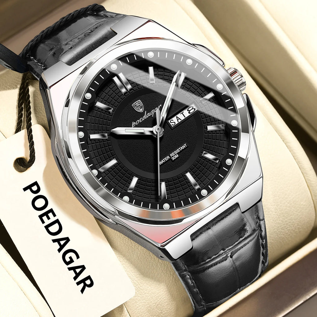 Poedagar 896 Mens Luxury Watch Gift Business Leather Montre Daily Wear Quartz Wristwatch Waterproof Luminous Date Reloj Hombre