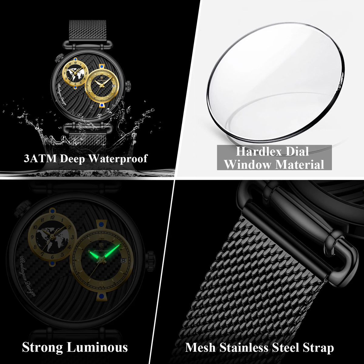Poedagar 848 3ATM Waterproof Luminous Mesh Stainless Steel Strap Quartz Watch for Men