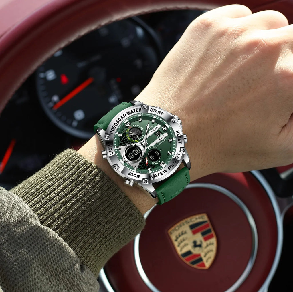 Poedagar E125 Men's Digital Watch Dual Display Quartz Watches Montre Analog Luminous Leather Strap Sports Wristwatch for Men